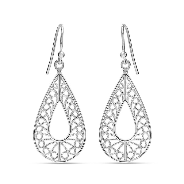 925 Sterling Silver Long French Wire Lightweight Classic Filigree Teardrop Drop Dangle Earrings for Women