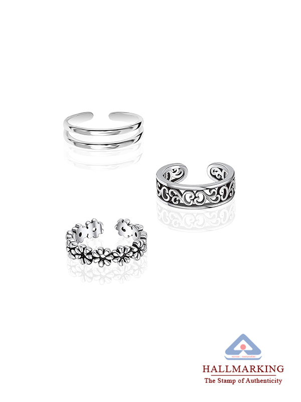 Flower & Heart Toe Ring Set - 3 Pieces