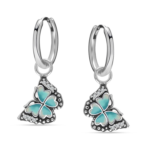 925 Sterling Silver Cubic Zirconia Antique Blue Butterfly Drop Hoop Earrings for Teen