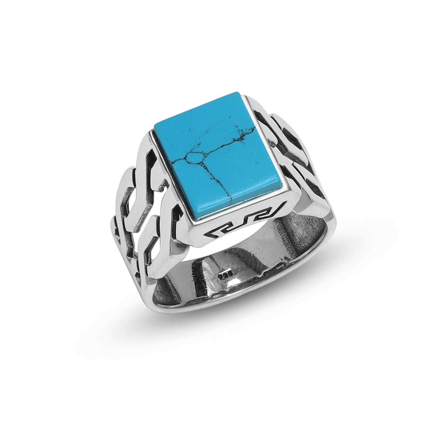 925 Sterling Silver Square Turquoise Stone Handmade Cuban Link Chain Motif Finger Rings for Men