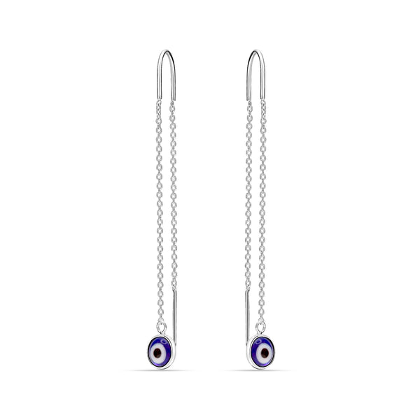 925 Sterling Silver Threader Turkish Blue Evil Eye Long Chain Drop Dangle Earrings for Women