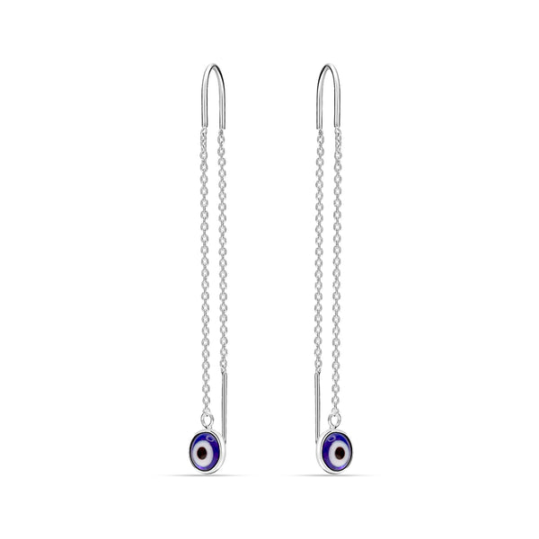 925 Sterling Silver Threader Turkish Blue Evil Eye Long Chain Drop Dangle Earrings for Women