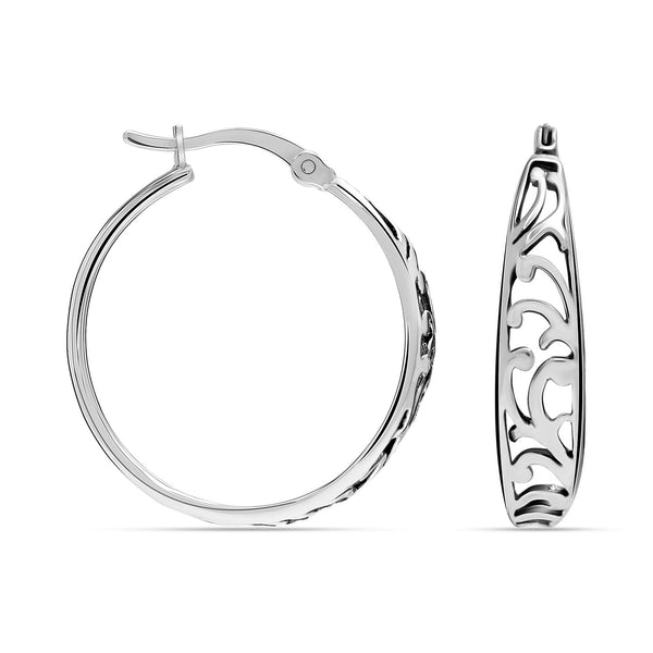 925 Sterling Silver Medium Floral Filigree Hypoallergenic Round Shape Intricate Cutout Design Click-Top Hoop Earrings for Women
