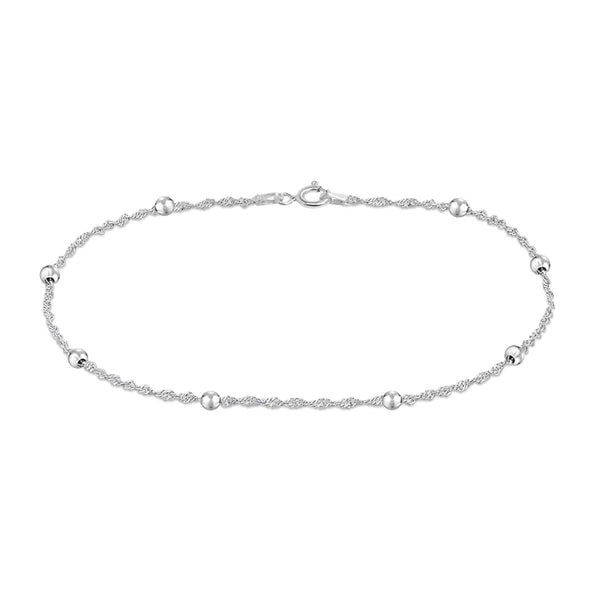 925 Sterling Silver Singapore Beaded Station Chain Beach Summer Anklet for Women and Girls (SINGLE ANKLET)