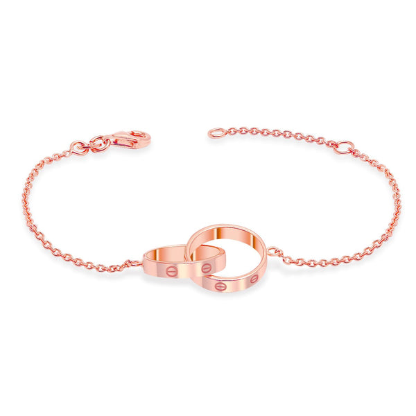 925 Sterling Silver 14K Rose-Gold Plated Love Chain Screw Motif Interlocking Double Circles Bracelet for Women Teen