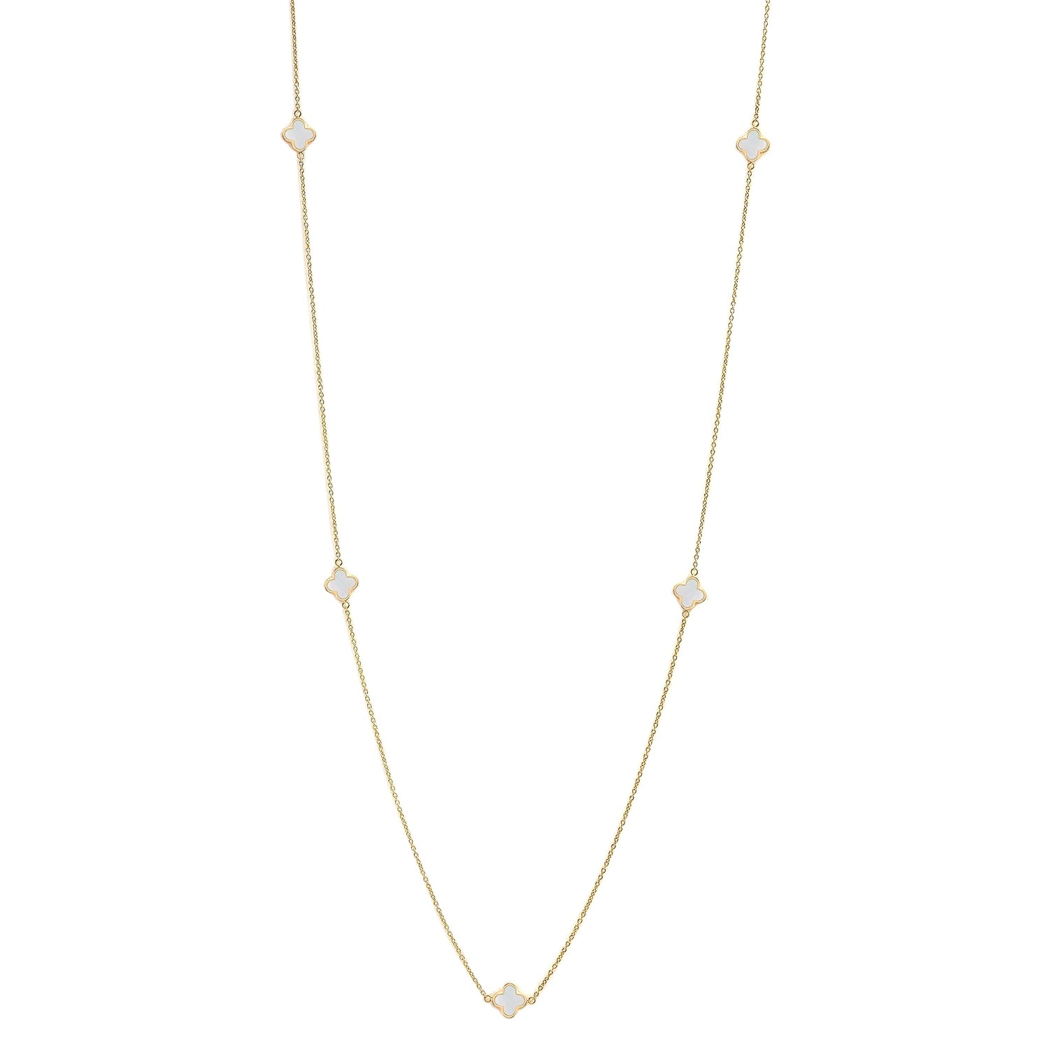 925 Sterling Silver 14K Gold-Plated Mother of Pearl Clover Station Long Necklace for Women