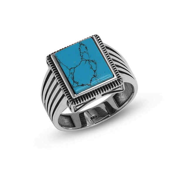 925 Sterling Silver Handmade Square Turquoise Stone Finger Rings for Men