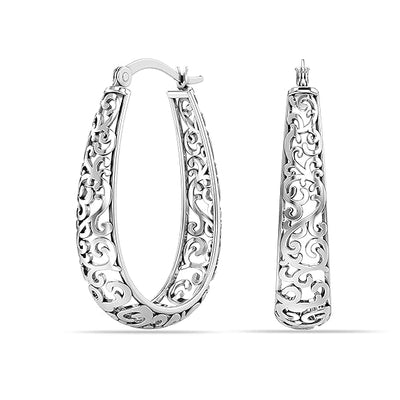 925 Sterling Silver Antique Oval Filigree Click-Top Hoop Earrings for Women