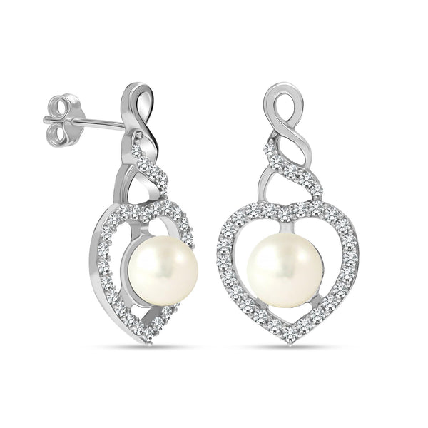 925 Sterling Silver Rhodium Plated CZ Simulated Pearl Heart Drop Stud Earrings for Women
