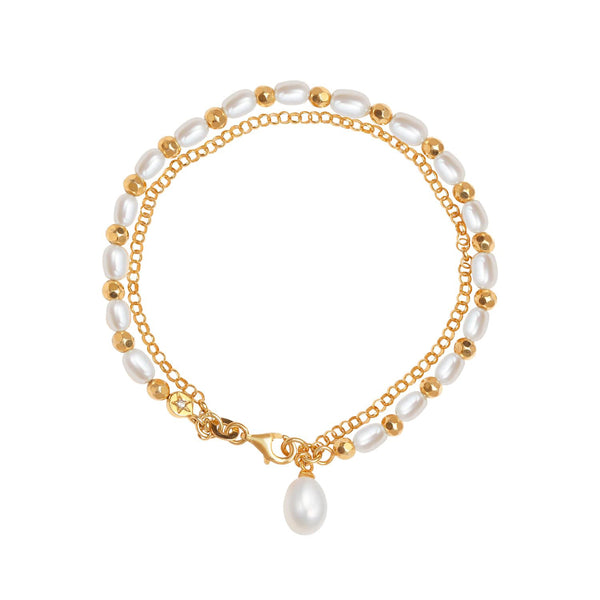 925 Sterling Silver 14K Gold Plated Double Layer Chain Simulated Pearl Bracelet for Women