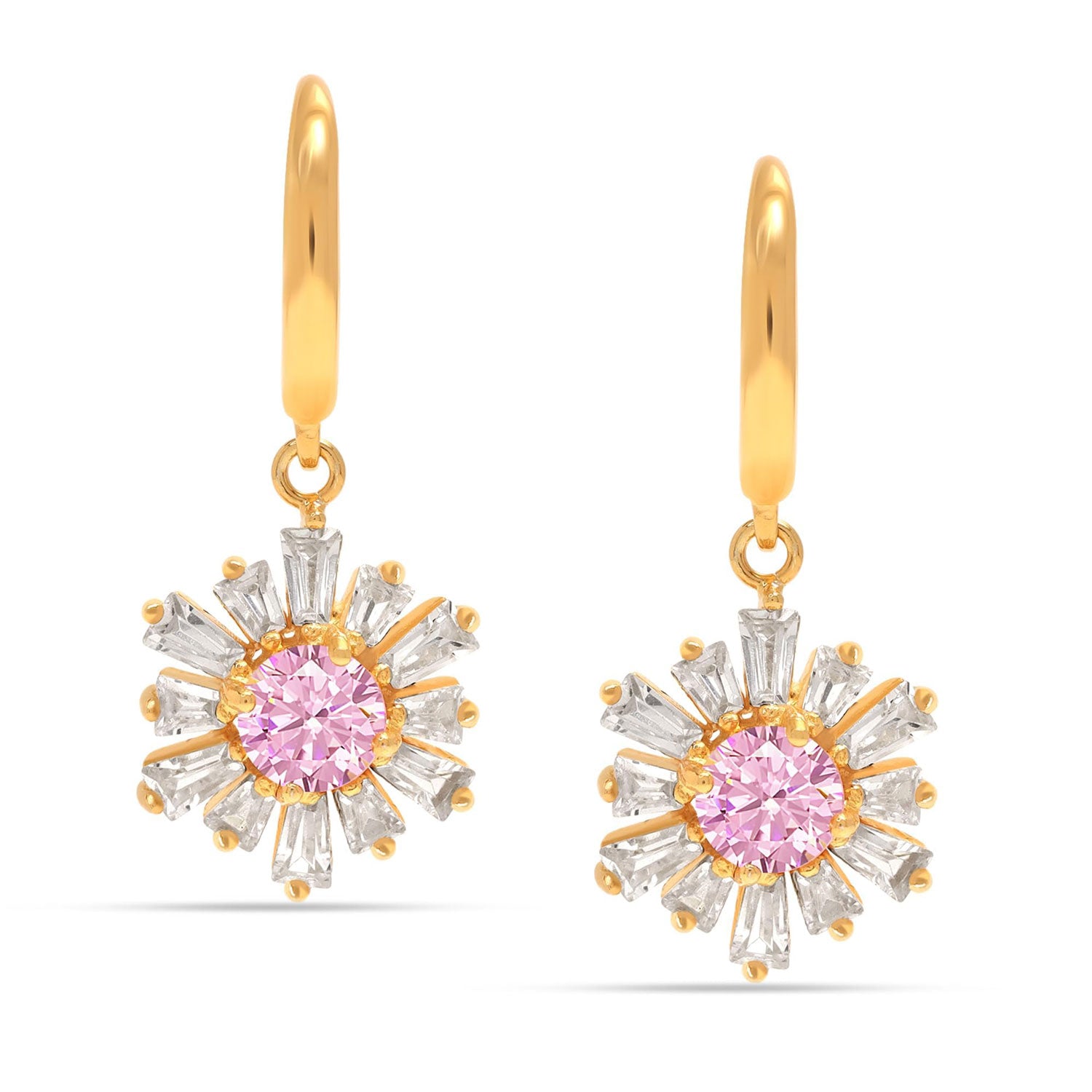 925 Sterling Silver 14K Gold Plated Pink Crystals CZ Leverback Drop Dangle Earrings for Women