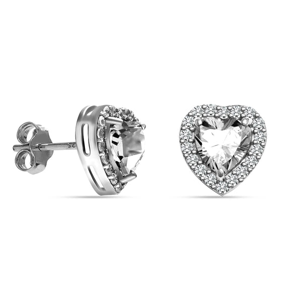 925 Sterling Silver Rhodium Plated Gemstone Halo Heart Stud Earrings for Women