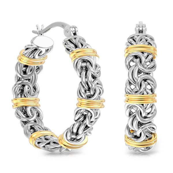925 Sterling Silver 14K Gold-Plated Byzantine Station Two-Tone Click-Top Hoop Earrings for Women