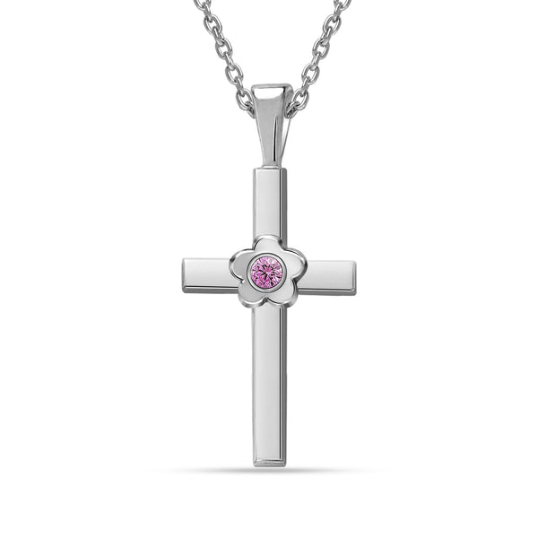 925 Sterling Silver Crucifix Pink Zirconia Flower Cross Charm Pendant Necklace for Preteens and Teens
