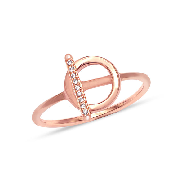 925 Sterling Silver 14K Rose-Gold Plated Cubic Zirconia Bar Ancre Open Circle Toggle Clasp Stackable Statement Band Finger Ring for Women