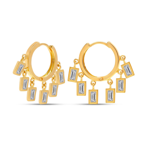 925 Sterling Silver 14K Rose-Gold Plated CZ Charm Small Baguette Dangle Huggies Hoop Earrings for Women