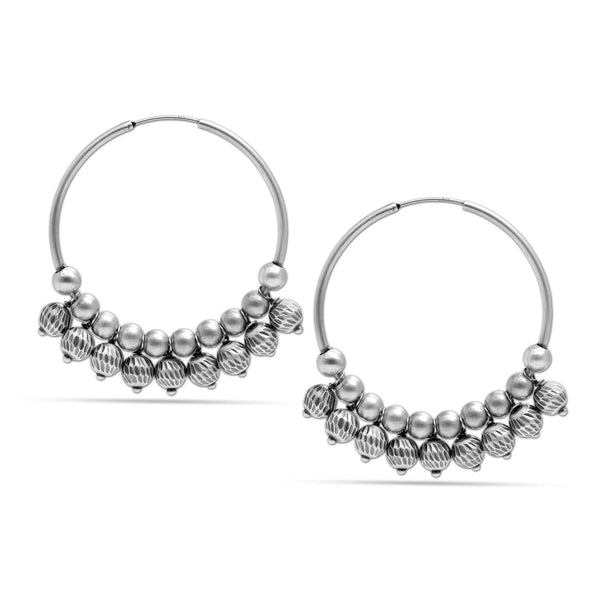 925 Sterling Silver Oxidised Antique Ball Beads Hoop Earrings for Women