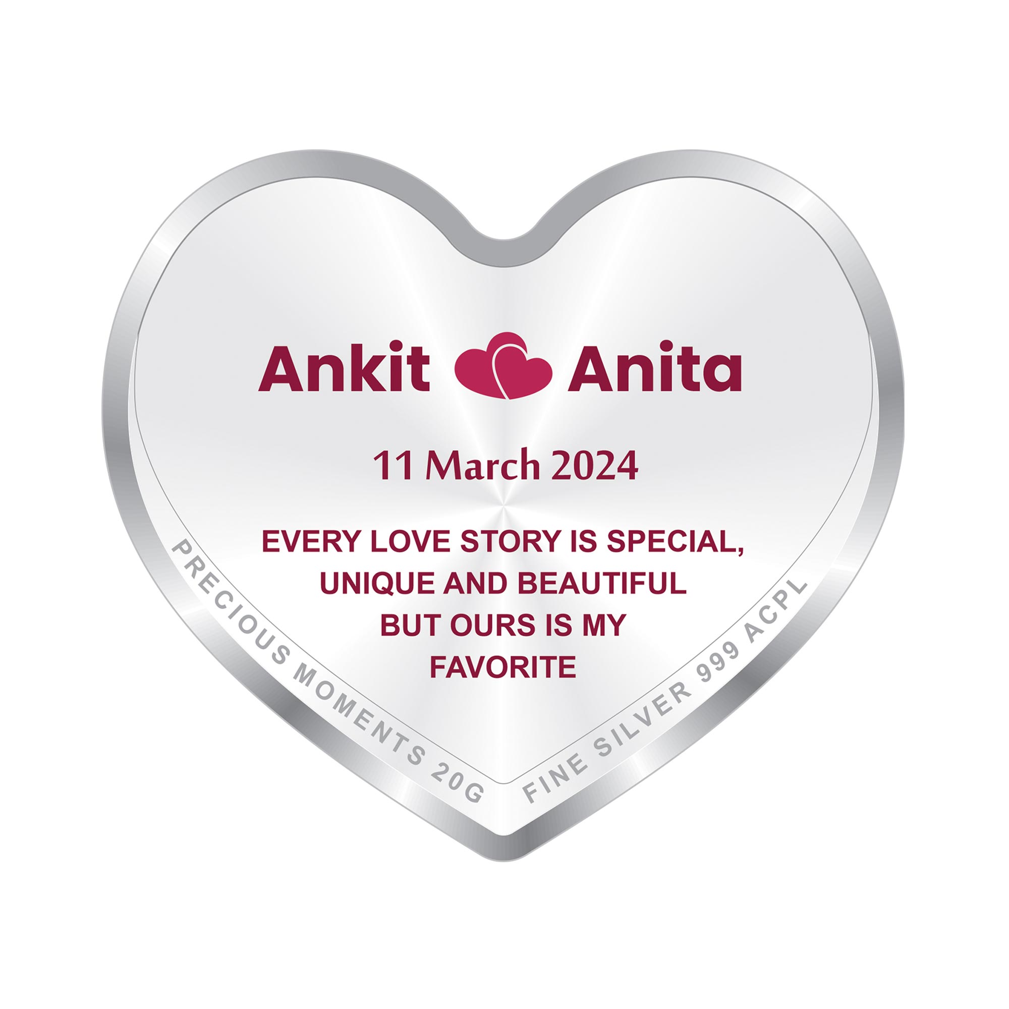 BIS Hallmarked Personalised Wedding Anniversary Heart Silver Coin 999 Pure