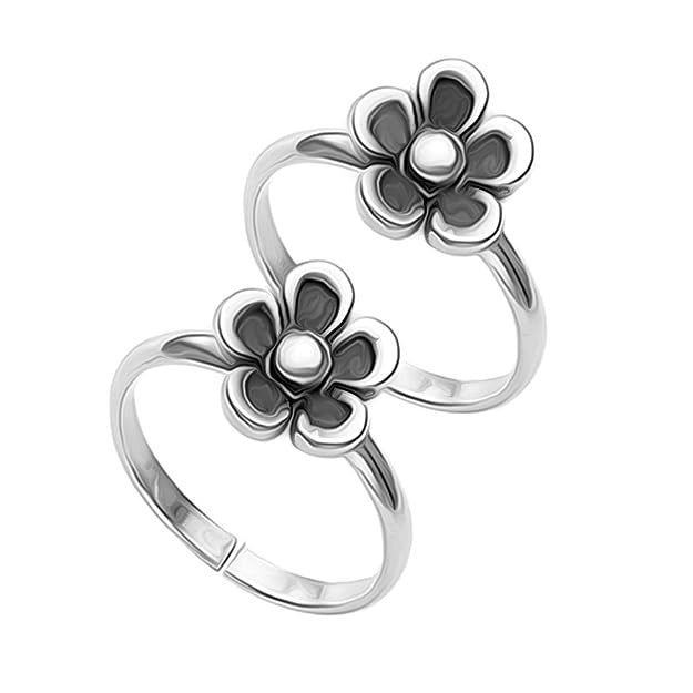 925 Sterling Silver Antique Oxidized Fancy Floral Adjustable Toe Ring for Women
