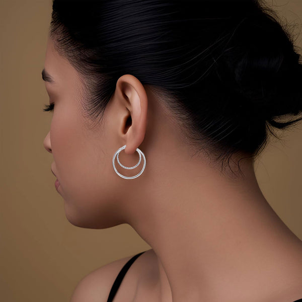 925 Sterling Silver Textured Lightweight Circular Double Layered Hoop Earrings for Women Teen