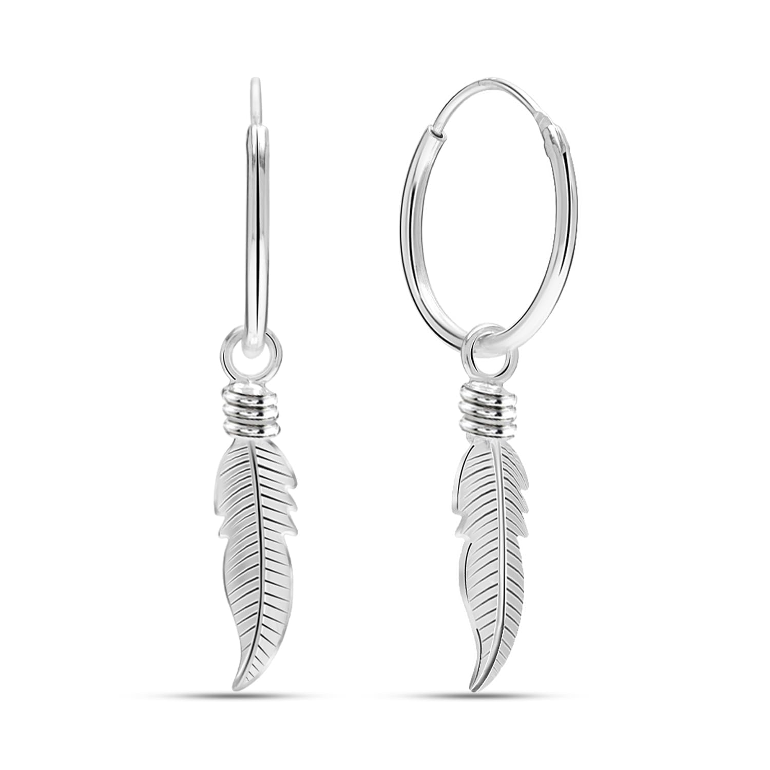 925 Sterling Silver Hinged Huggie Hoop Feather Drop Dangle Earrings for Women