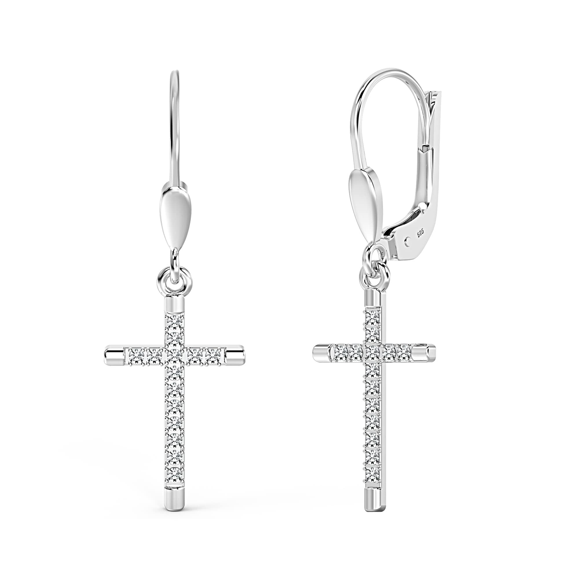 925 Sterling Silver Leverback Dangle Drop CZ Cross Earrings With Gift Box for Men