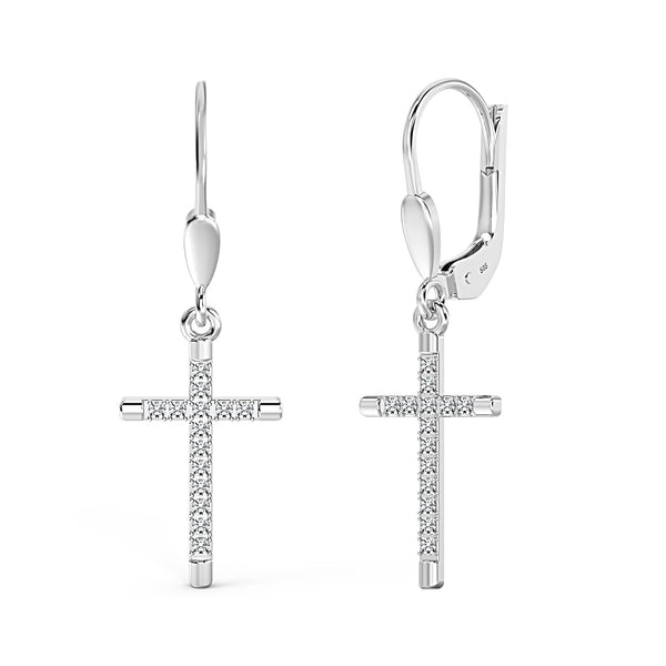 925 Sterling Silver Leverback Dangle Drop CZ Cross Earrings With Gift Box for Men