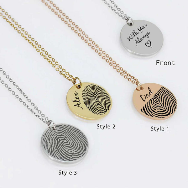 Personalised 925 Sterling Silver Actual Engraved Fingerprint and Name Memorial Pendant Necklace Gift for Men Women and Teen