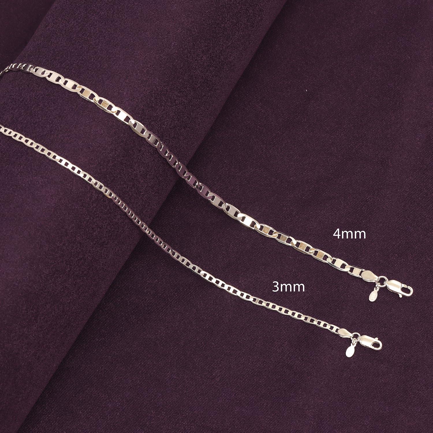 925 Sterling Silver Italian 3 MM Diamond-Cut Solid Flat Mariner Link Chain Necklace for Men and Women