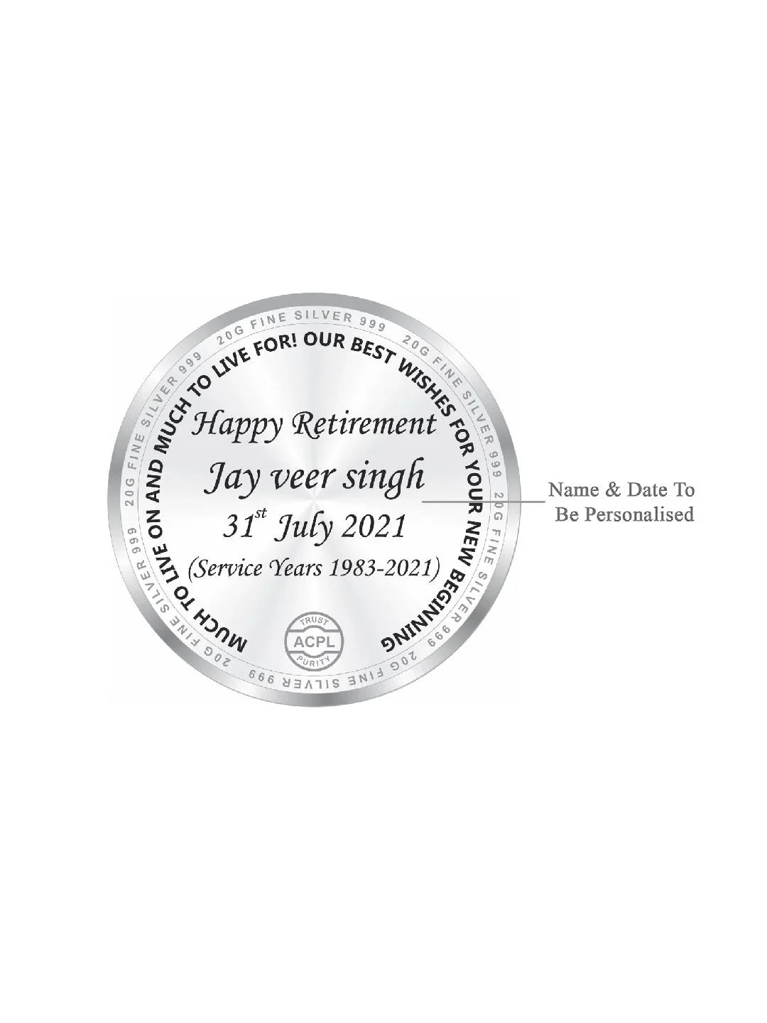 BIS Hallmarked Personalised Retirement Day Gift 20GM Silver Coin