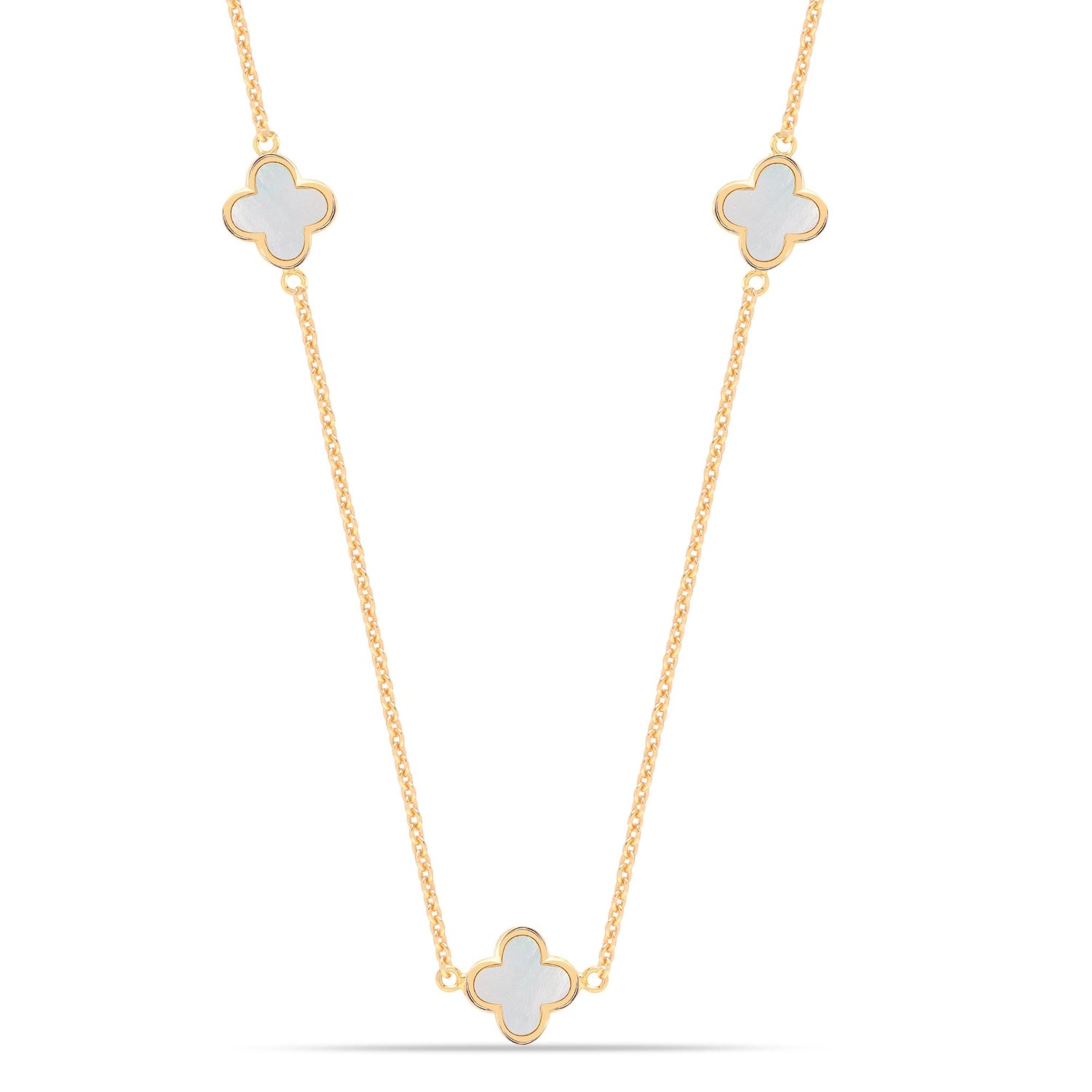 925 Sterling Silver 14K Gold-Plated Mother of Pearl Clover Station Long Necklace for Women