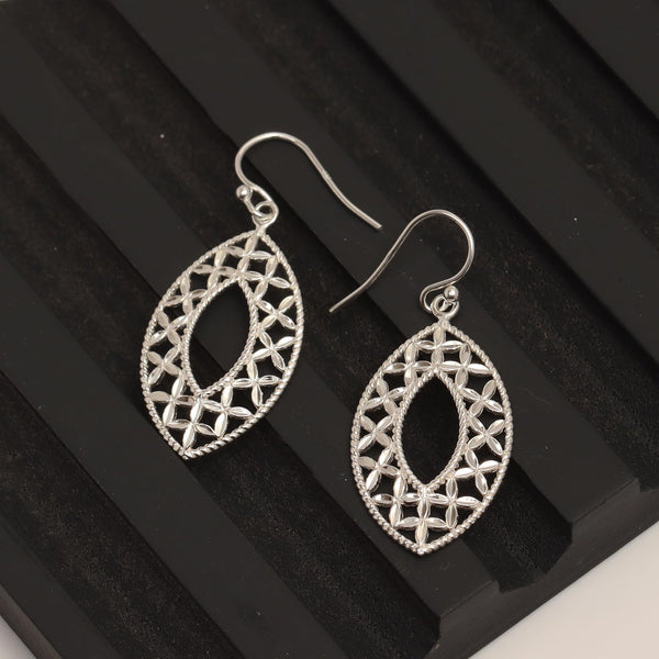 925 Sterling Silver Diamond-Cut Floral Intricate Filigree Design Oval Drop Dangle Earrings for Women