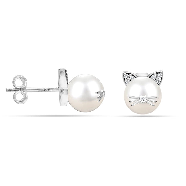 925 Sterling Silver Simulated Pearl Cat Stud Earring for Women and Teen