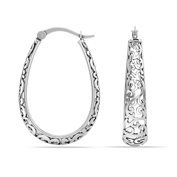 925 Sterling Silver Antique Oval Filigree Click-Top Hoop Earrings for Women