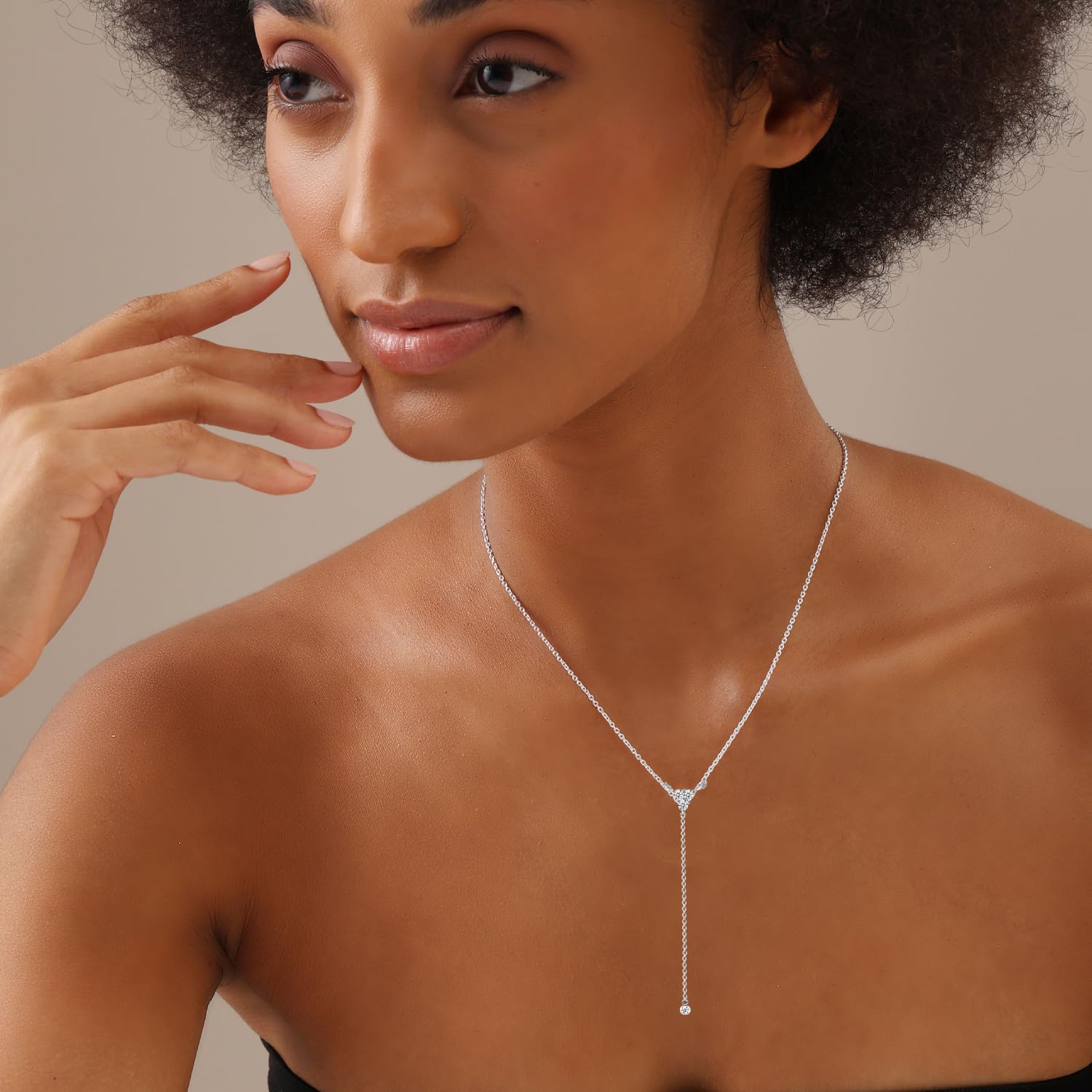 925 Sterling Silver Handmade Cubic Zirconia Lariat Adjustable Dainty Drop Y Pendant Necklace for Women