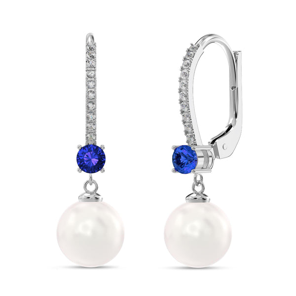 925 Sterling Silver Cubic Zirconia Italian Design Round Simulated Pearl Blue Sapphire Gemstone Leverback Drop Dangle Earrings for Women