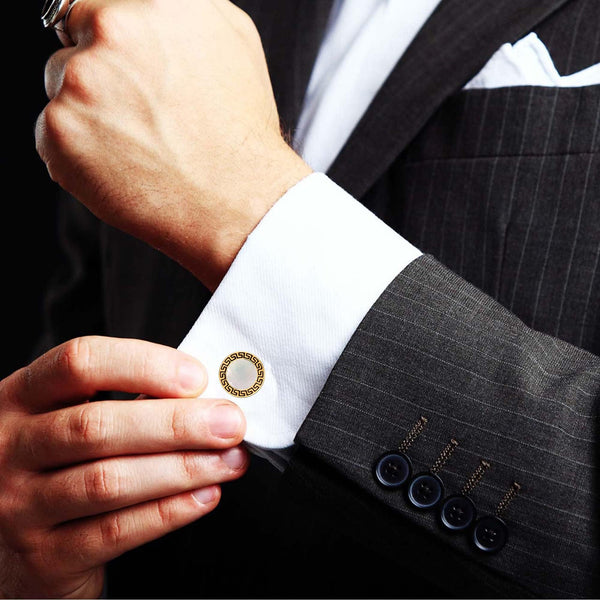 925 Sterling Silver 18K Gold-Plated Mother of Pearl Greek Key Cufflinks for Dad Father Grand-Father Men With Gift Box