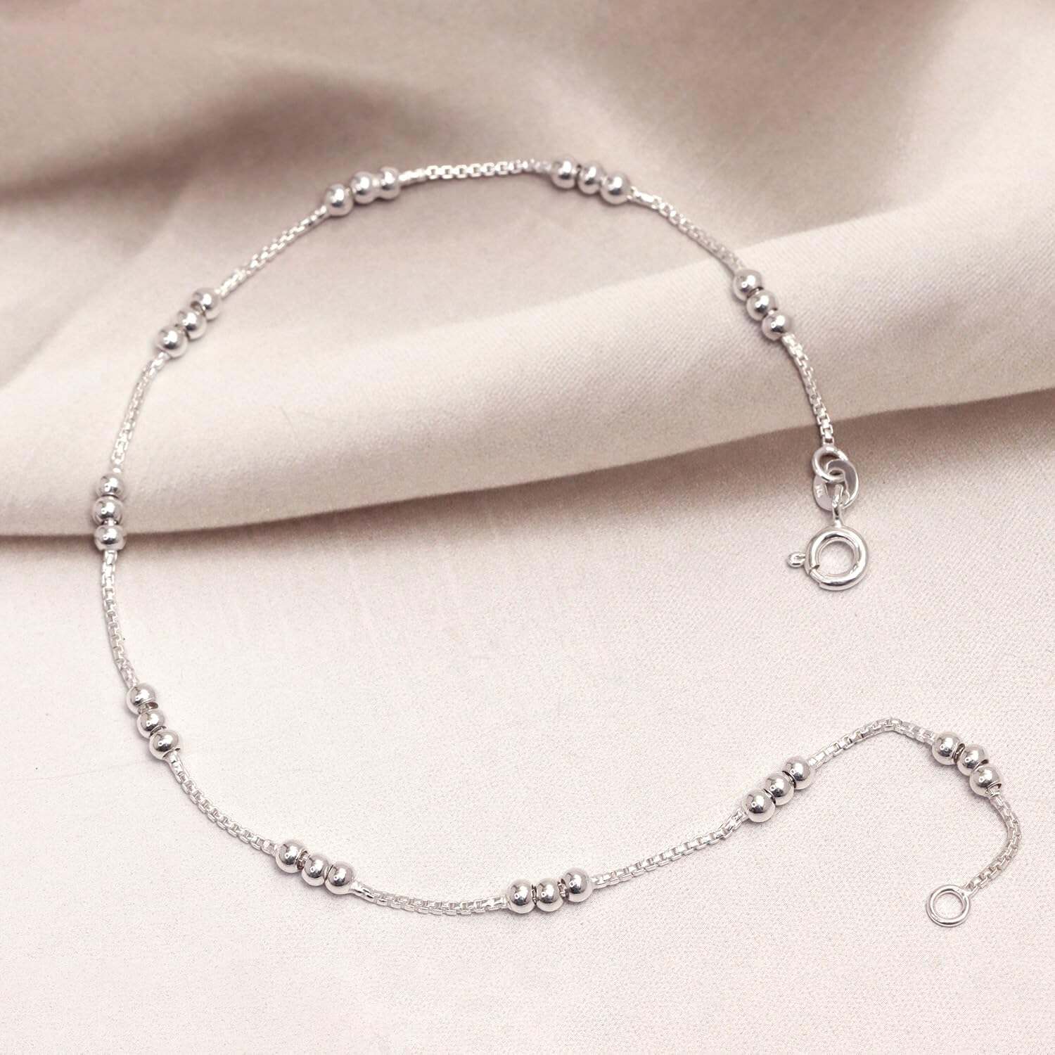 925 Sterling Silver Ball Bead Station Link Venetian Chain Anklets for Women (SINGLE ANKLET)