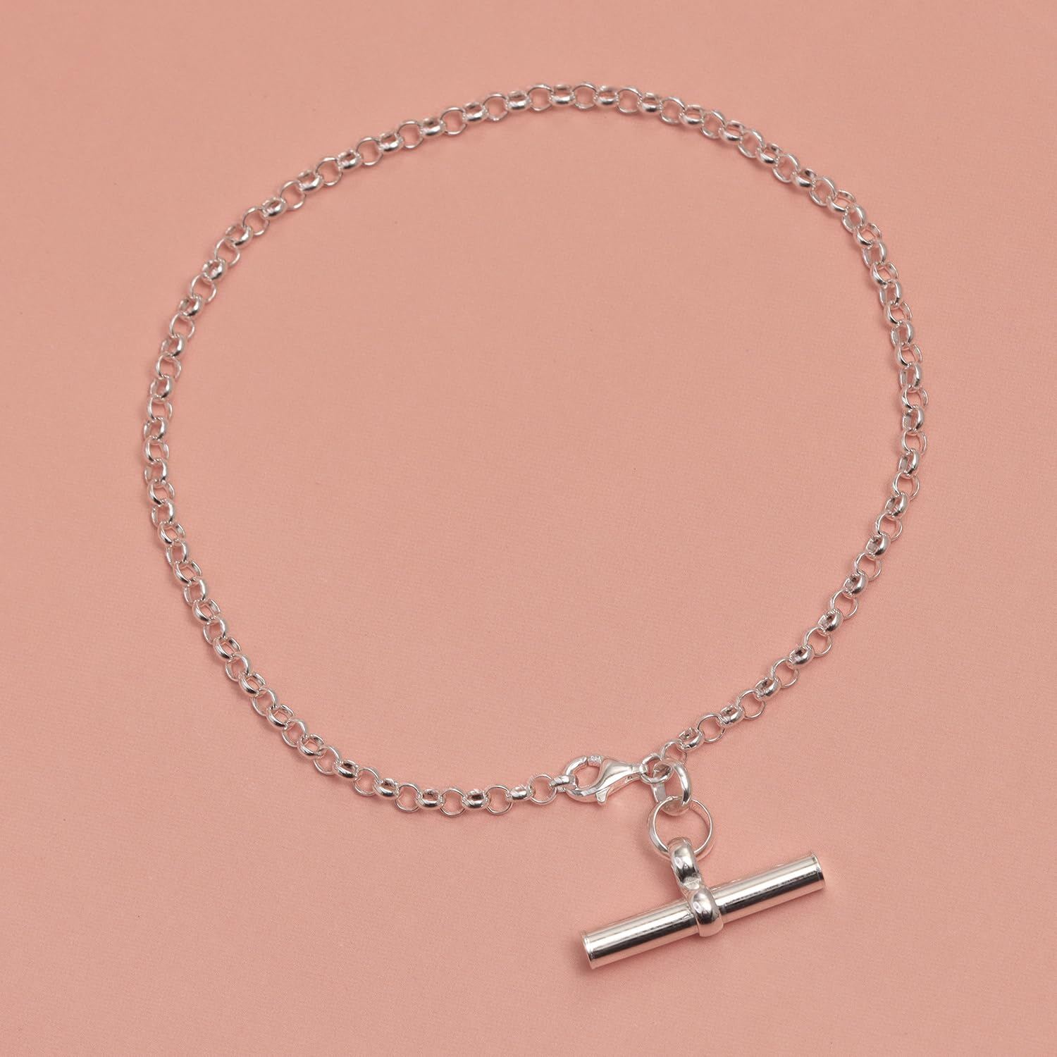 925 Sterling Silver T-Bar Rolo Link Chain Anklet for Women and Girls (SINGLE ANKLET)