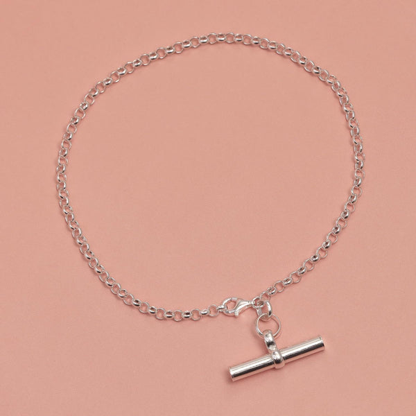 925 Sterling Silver T-Bar Rolo Link Chain Anklet for Women and Girls (SINGLE ANKLET)