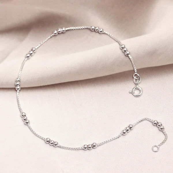 925 Sterling Silver Ball Bead Station Link Venetian Chain Anklets for Women (SINGLE ANKLET)