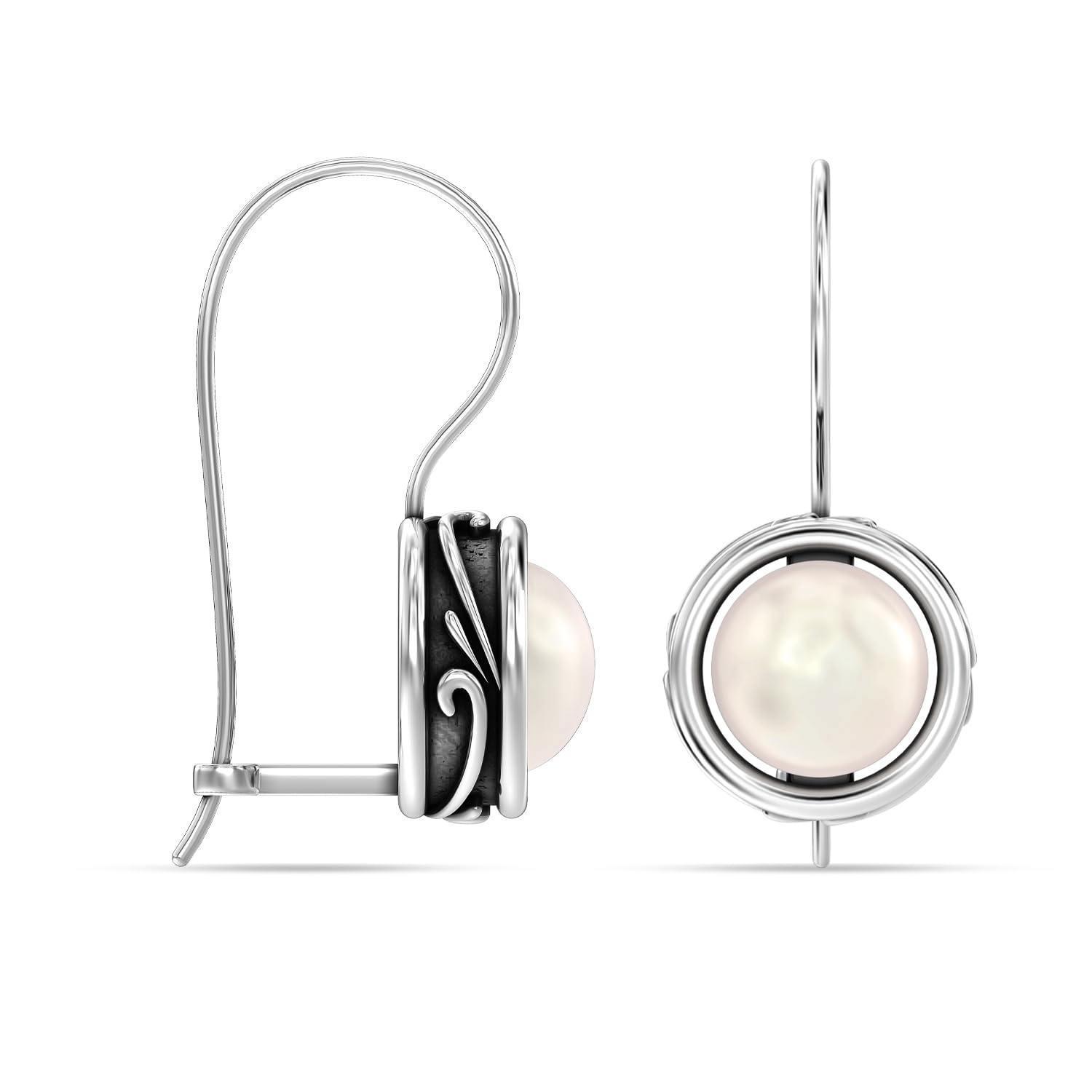 925 Sterling Silver Antique Oxidised White Pearl Italian Design Round Freshwater Fish Hook Cultured Drop Dangle Earrings for Women