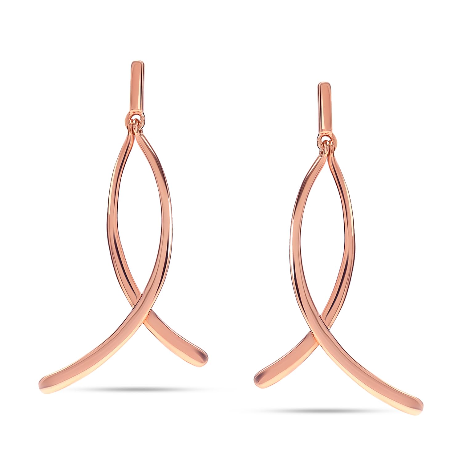 925 Sterling Silver 14K Rose-Gold Plated Long Thin Curved Bar Drop Dangle Earrings for Women
