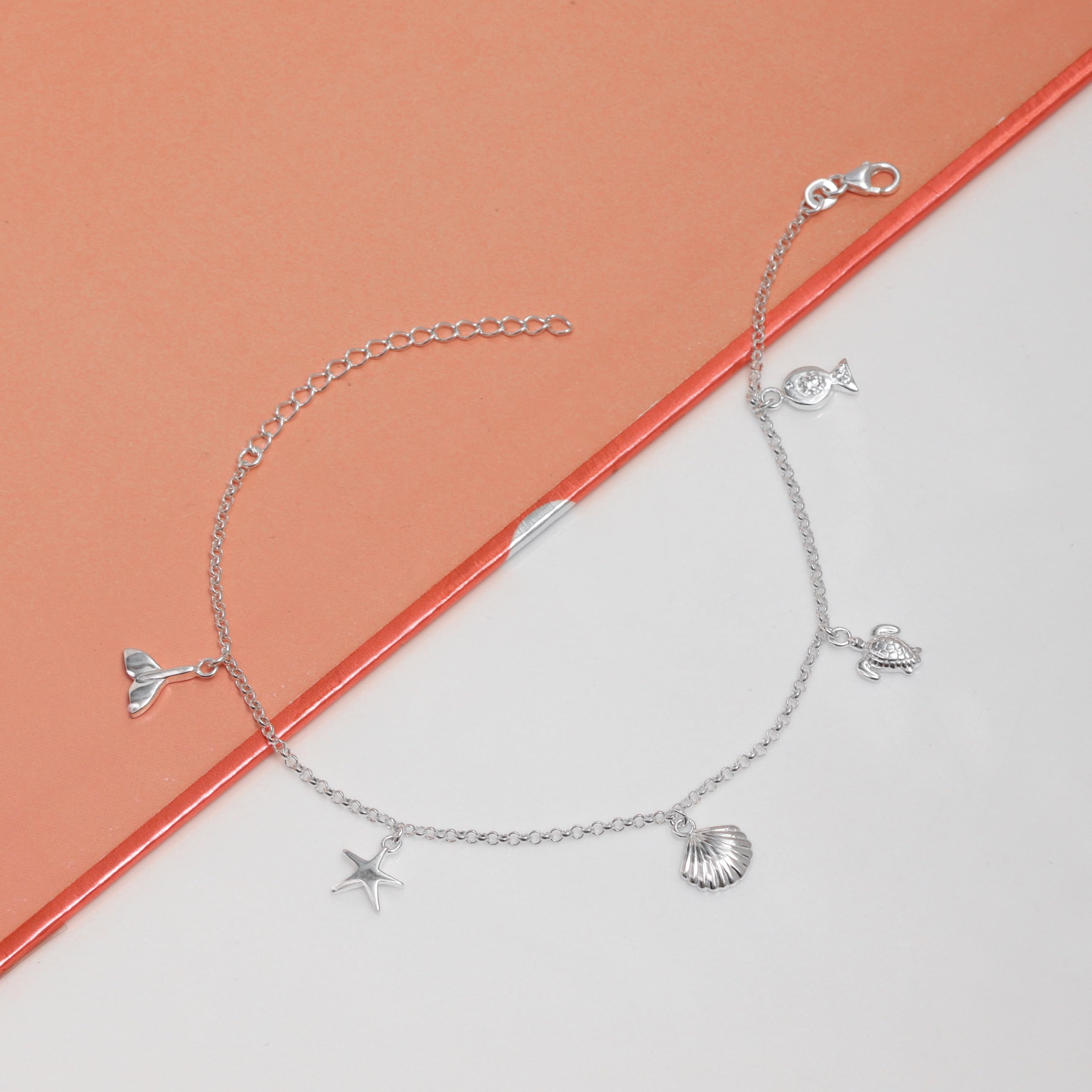 925 Sterling Silver Starfish Seashell Conch Turtle Charm Ocean Beach  Anklets for Women(SINGLE ANKLET)