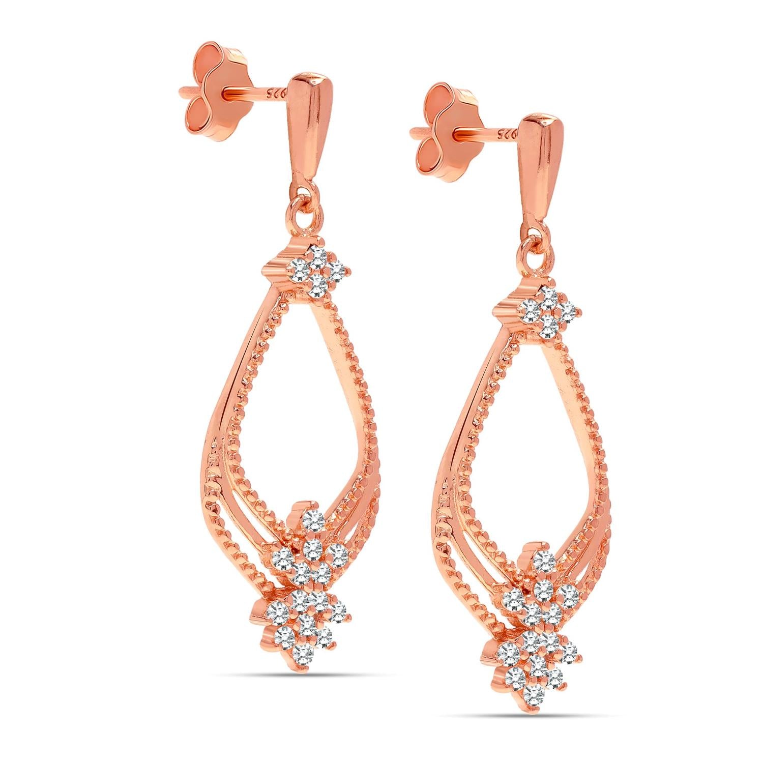 925 Sterling Silver 14K Rose-Gold Plated CZ Princess Long Drop Dangle Earrings for Women