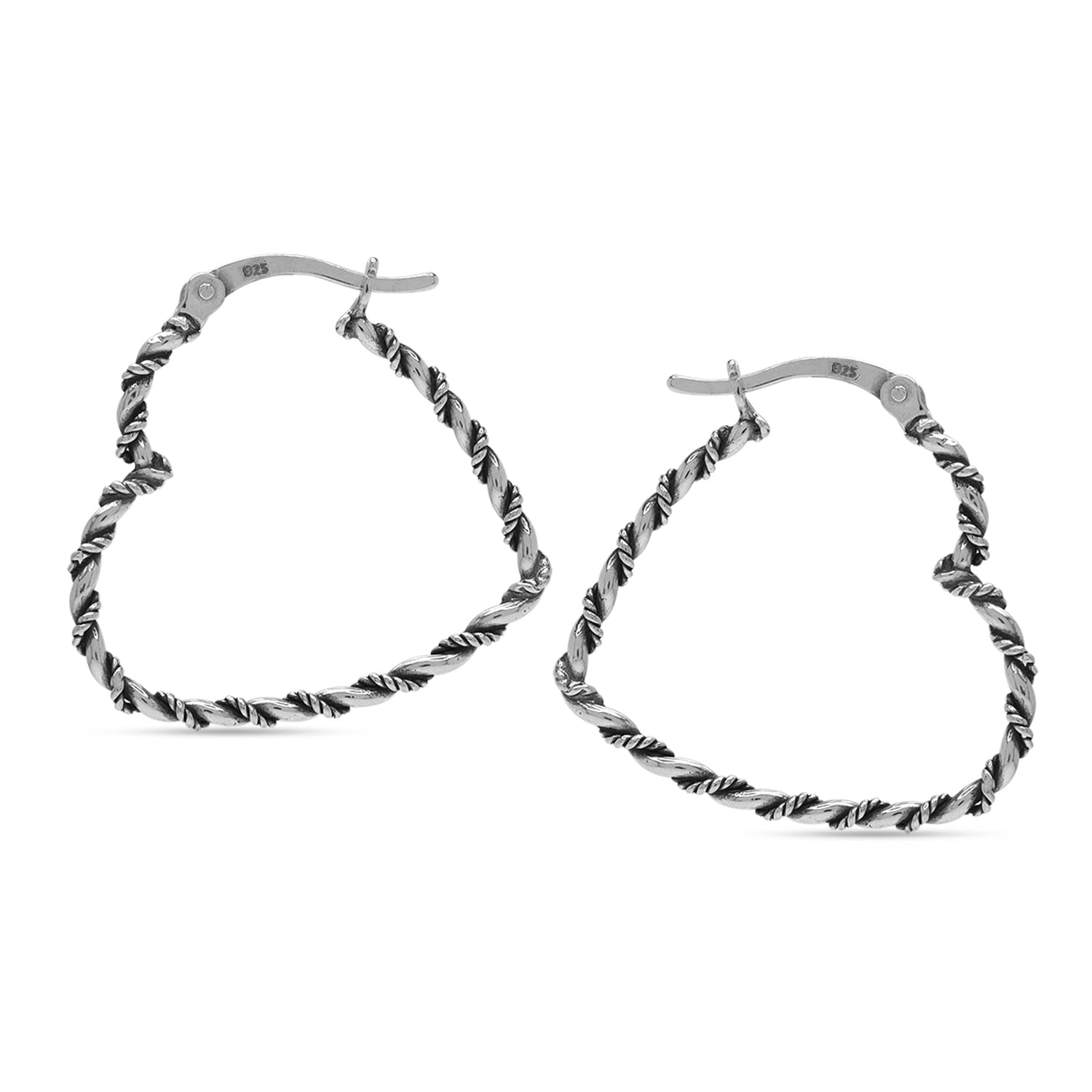 925 Sterling Silver Antique Weaved Heart Shape Lightweight Twisted Rope Design Click-Top Hoop Earrings for Women Teen