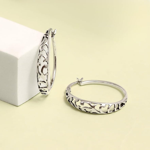 925 Sterling Silver Floral Filigree Hypoallergenic Round Shape Intricate Cutout Design Click-Top Hoop Earrings for Women