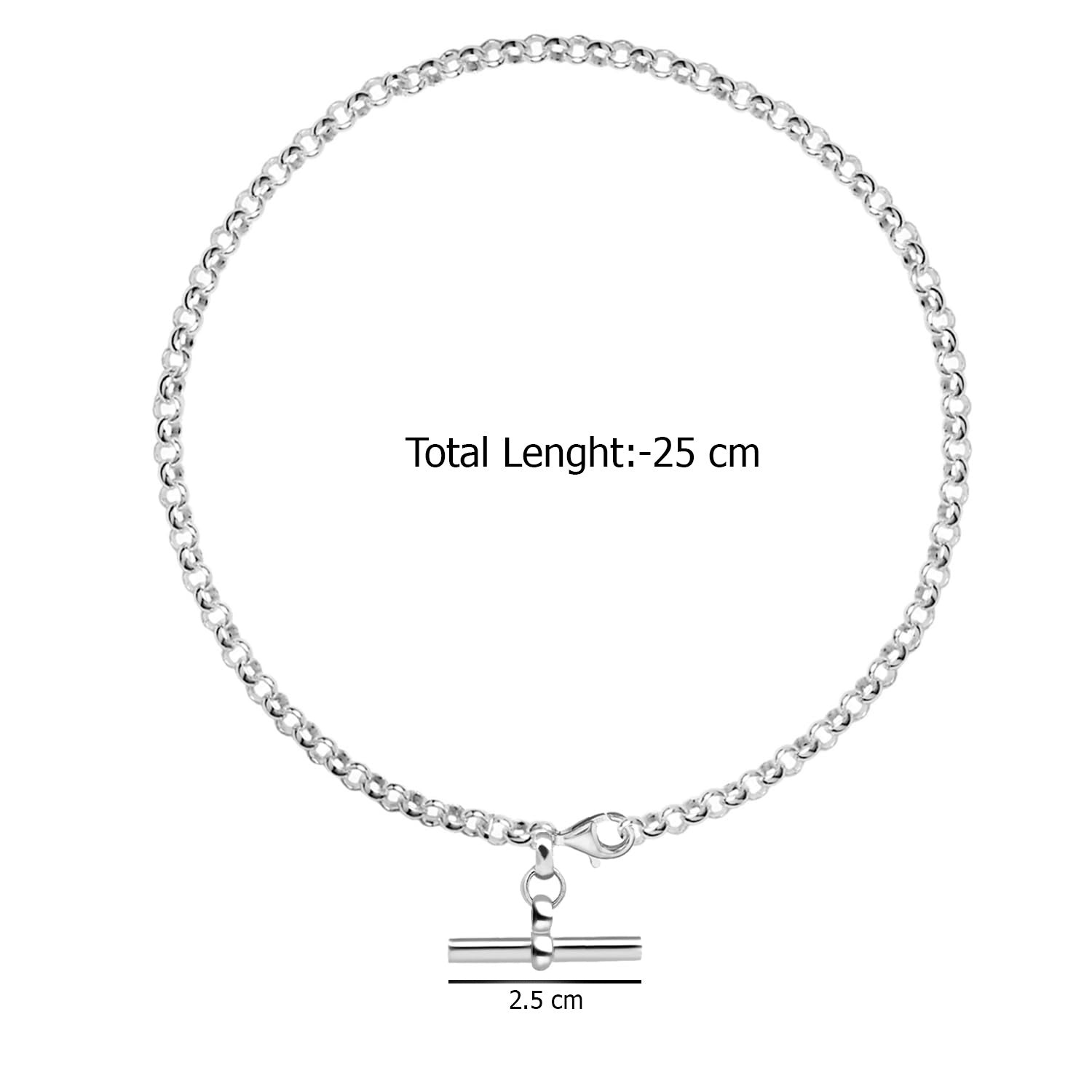 925 Sterling Silver T-Bar Rolo Link Chain Anklet for Women and Girls (SINGLE ANKLET)