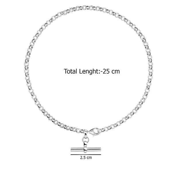 925 Sterling Silver T-Bar Rolo Link Chain Anklet for Women and Girls (SINGLE ANKLET)