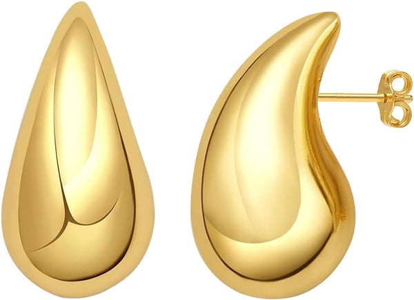 925 Sterling Silver 14K Gold-Plated Chunky Hollow Water Drop Pear Shape Stud Earrings for Women